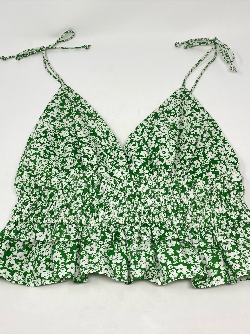 Sim & Sam Green Floral Tie-Shoulder Smocked Waist Peplum Top Small Cotton